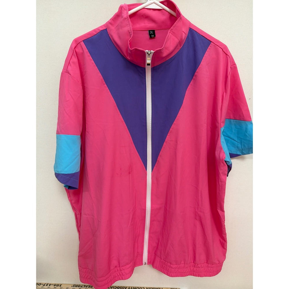 Retro Pink Colorblock Tracksuit Set 2XL Short Sleeve Windbreaker and Shorts